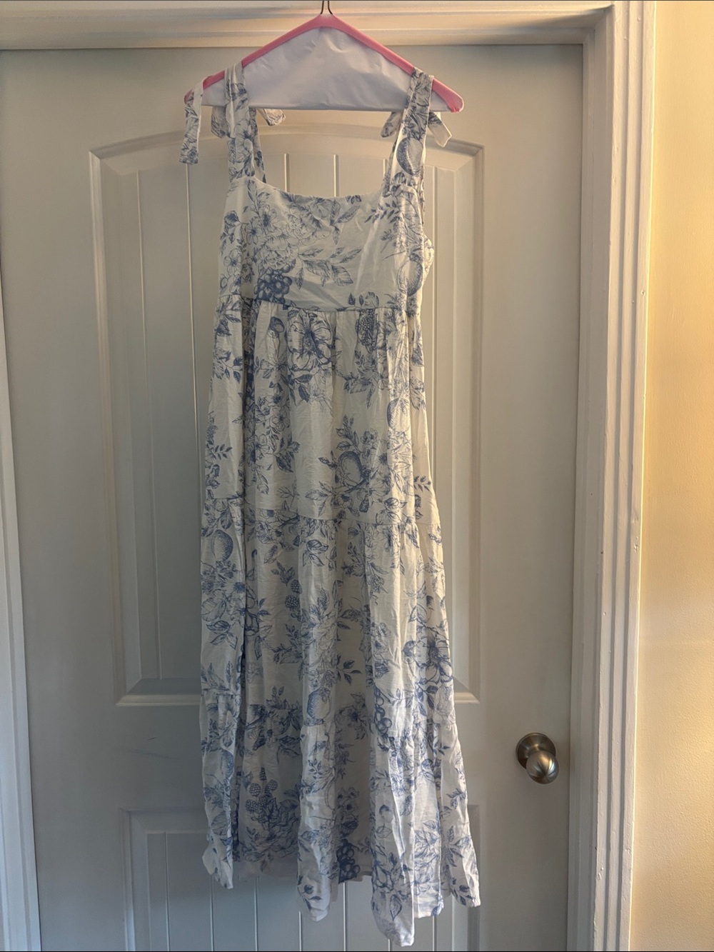 Tie-Shoulder White Maxi Dress with Blue Floral Print